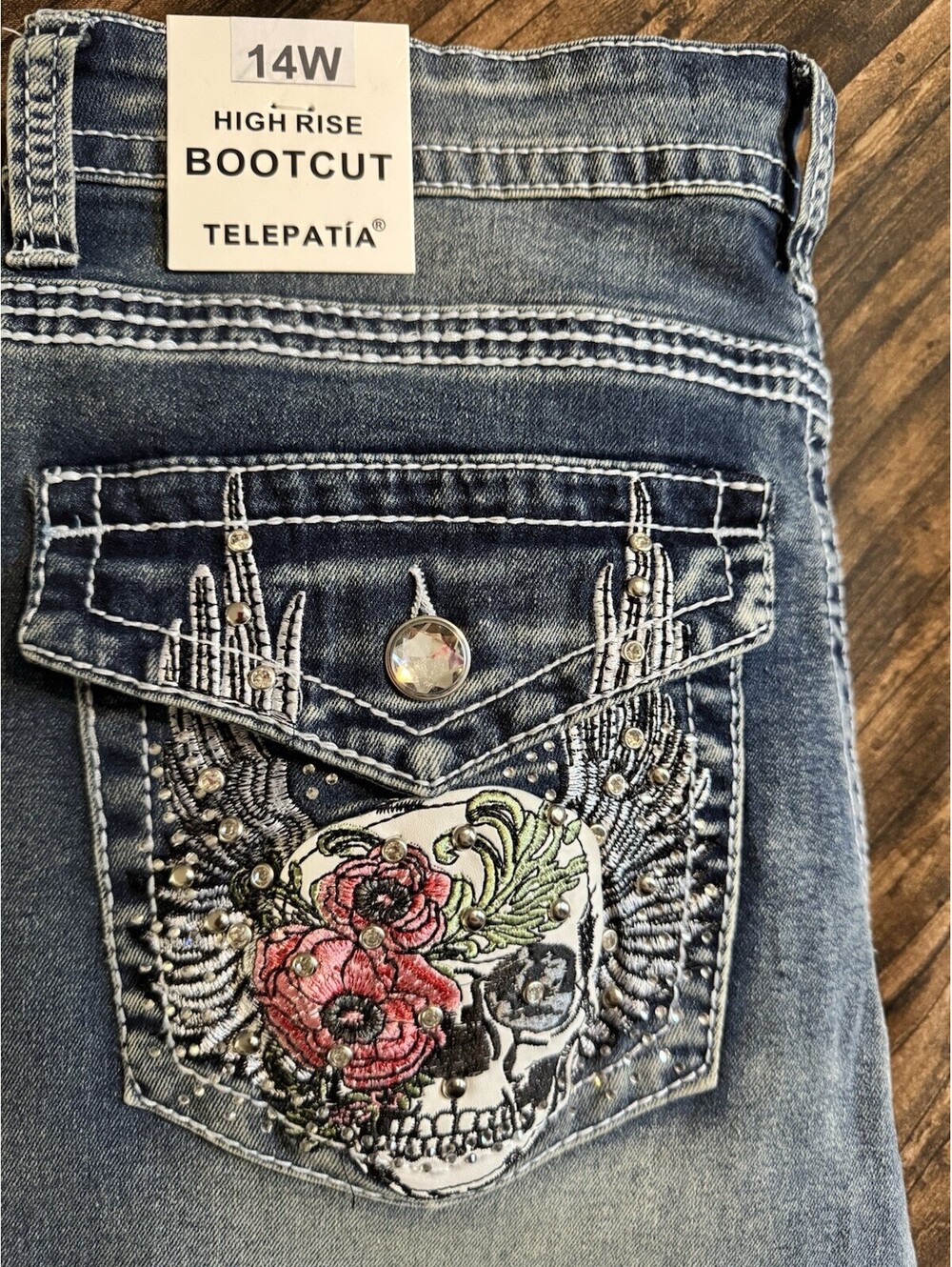 Telepatia Women's 14W High Rise Bootcut Jeans Blue Denim w/ Rhinestone Skull NWT